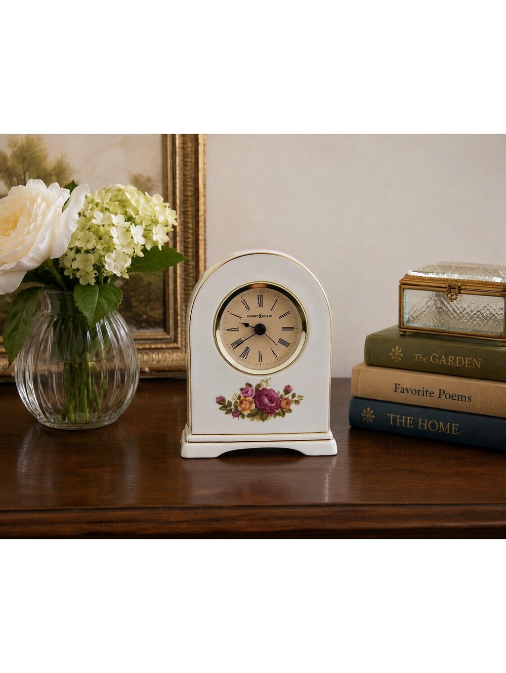 Vintage Howard Miller Floral Ceramic Mantel Clock with Gold Trim
